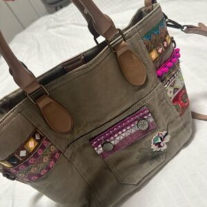 Desigual handbag tote shoulder bag with Cosmetic Pouch Khaki Green Olive Color